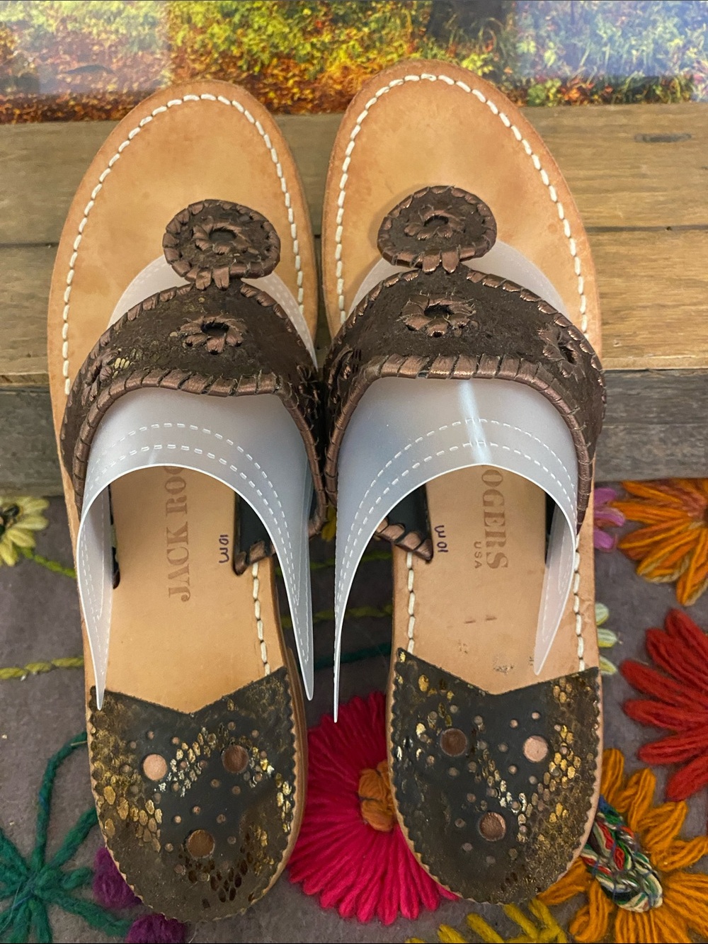 Jack Rogers Bronze Braided Leather Thong Sandals - Picture 6 of 7